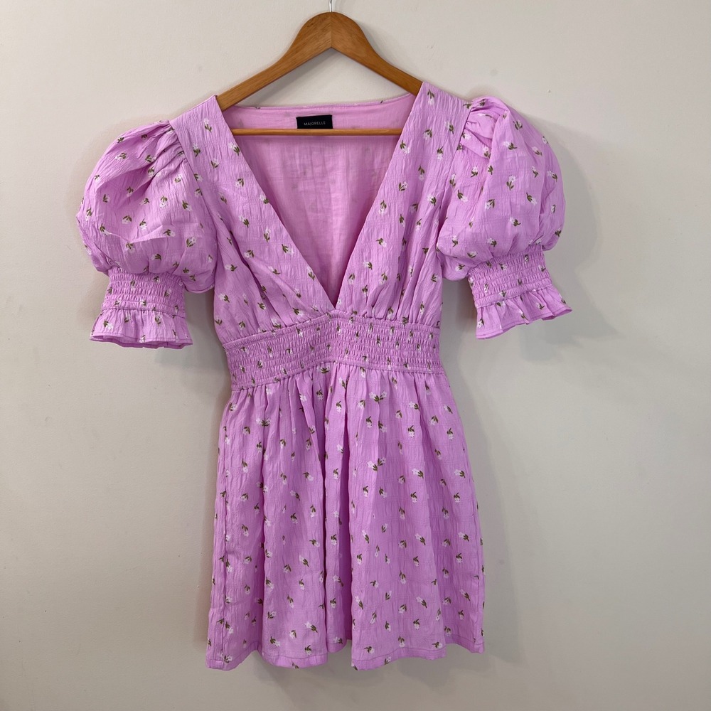 Majorelle Pink Floral Puff Sleeve Smocked Mini Dress V-Neck Size Large Romantic